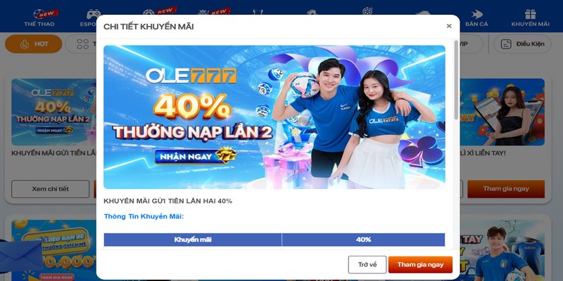 Thực hiện nạp tiền lần hai nhận thưởng 40%